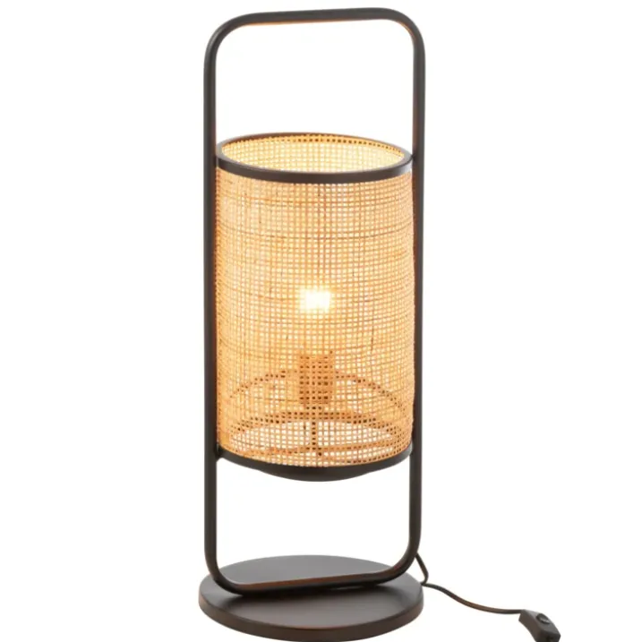 Lampe sur pied en métal et rotin