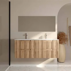 Meuble de salle de bain double vasque encastrée avec façade ondulée et rangements spacieux