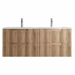 Meuble de salle de bain double vasque encastrée avec façade ondulée et rangements spacieux