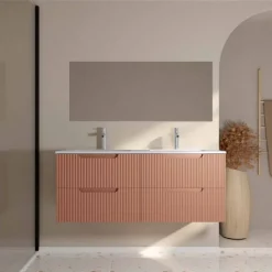 Meuble de salle de bain double vasque encastrée avec façade ondulée et rangements spacieux