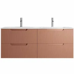 Meuble de salle de bain double vasque encastrée avec façade ondulée et rangements spacieux