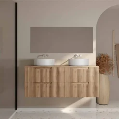 Meuble de salle de bain double vasque ronde avec façade ondulée et rangements intégrés