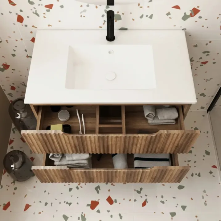 Meuble de salle de bain ondulé à suspendre avec vasque à encastrer