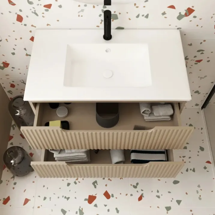 Meuble de salle de bain ondulé à suspendre avec vasque à encastrer