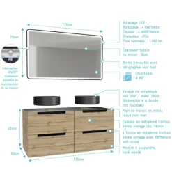 Meuble de salle de bains avec 2 vasques rondes et 1 miroir rectangulaire à led noir