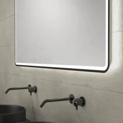 Meuble de salle de bains avec 2 vasques rondes et 1 miroir rectangulaire à led noir