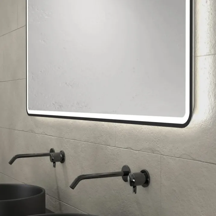 Meuble de salle de bains avec 2 vasques rondes et 1 miroir rectangulaire à led noir