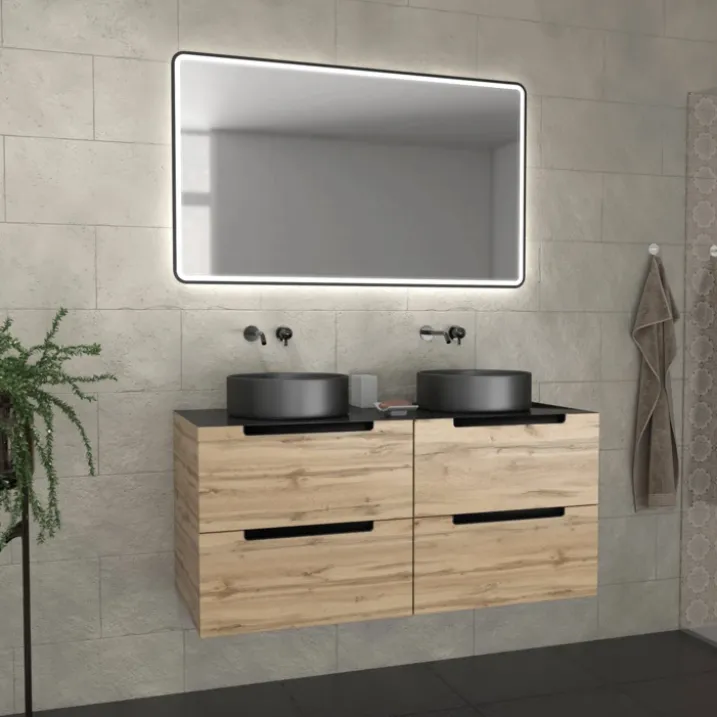 Meuble de salle de bains avec 2 vasques rondes et 1 miroir rectangulaire à led noir