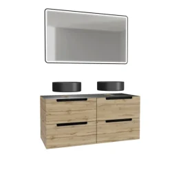 Meuble de salle de bains avec 2 vasques rondes et 1 miroir rectangulaire à led noir
