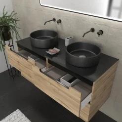 Meuble de salle de bains avec 2 vasques rondes et 1 miroir rectangulaire à led noir