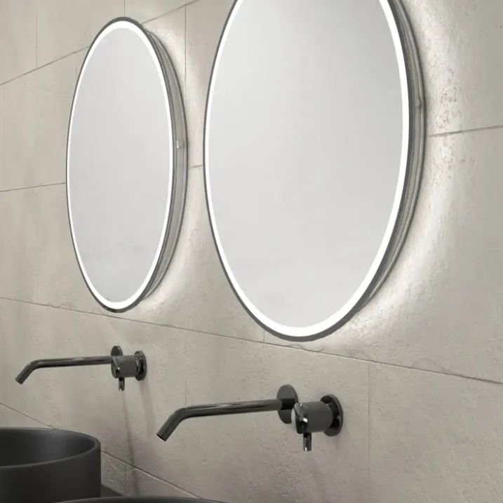 Meuble de salle de bains avec 2 vasques rondes et 2 miroirs ronds à led noir