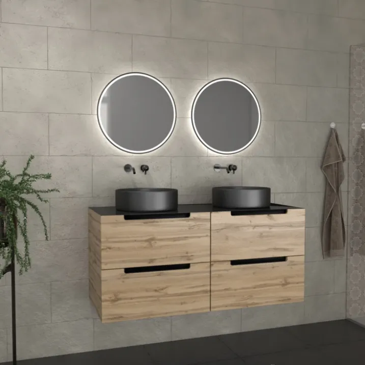 Meuble de salle de bains avec 2 vasques rondes et 2 miroirs ronds à led noir