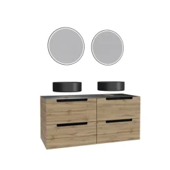 Meuble de salle de bains avec 2 vasques rondes et 2 miroirs ronds à led noir