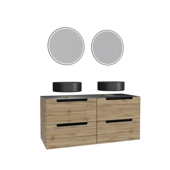 Meuble de salle de bains avec 2 vasques rondes et 2 miroirs ronds à led noir