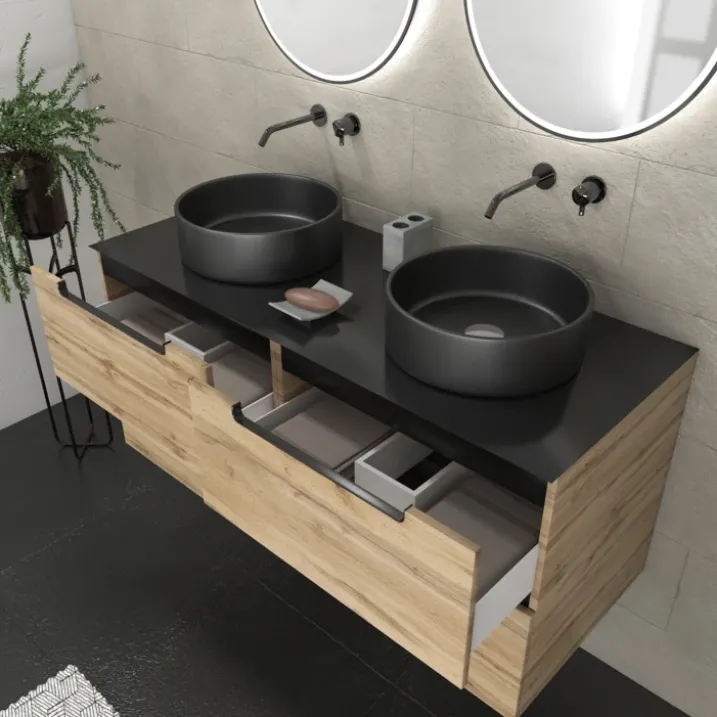 Meuble de salle de bains avec 2 vasques rondes et 2 miroirs ronds à led noir