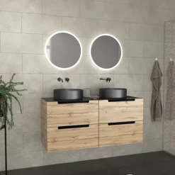 Meuble de salle de bains avec 2 vasques rondes et 2 miroirs ronds à led