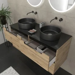 Meuble de salle de bains avec 2 vasques rondes et 2 miroirs ronds à led