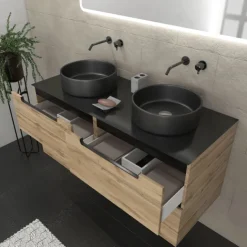 Meuble de salle de bains avec 2 vasques rondes et 1 miroir rectangulaire à led