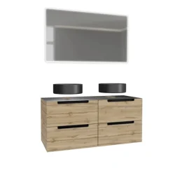 Meuble de salle de bains avec 2 vasques rondes et 1 miroir rectangulaire à led