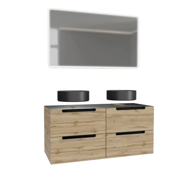 Meuble de salle de bains avec 2 vasques rondes et 1 miroir rectangulaire à led