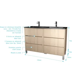 Meuble de salle de bains double vasque avec 6 tiroirs