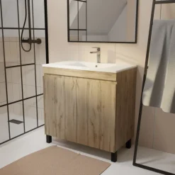 Meuble de salle de bains sur pieds 2 portes avec vasque en céramique