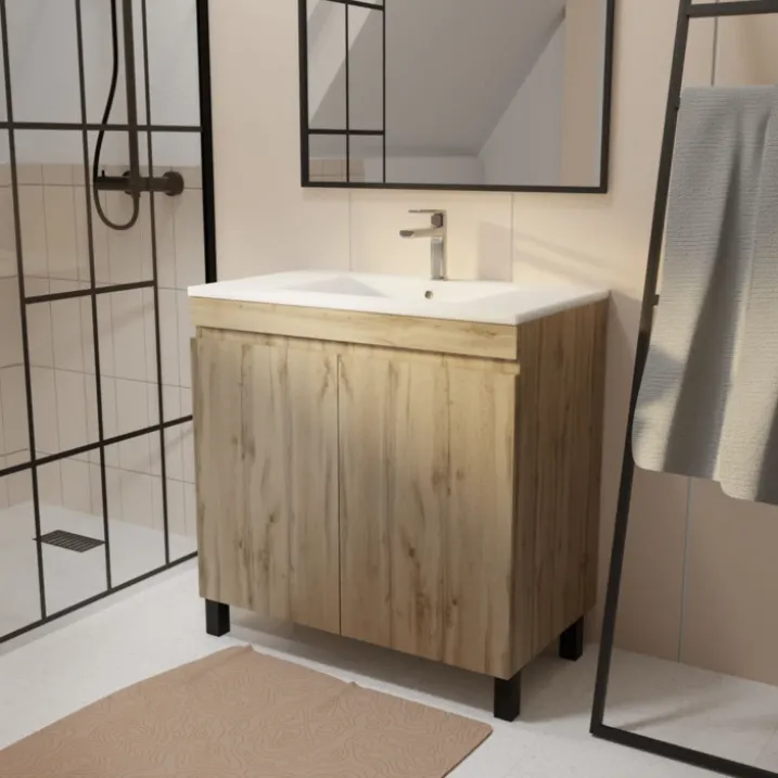 Meuble de salle de bains sur pieds 2 portes avec vasque en céramique