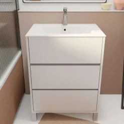 Meuble de salle de bains sur pieds avec 3 tiroirs et vasque en céramique