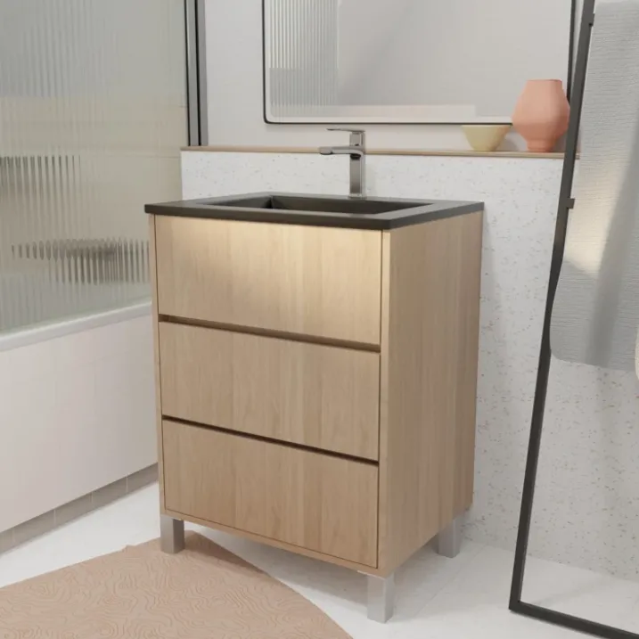 Meuble de salle de bains sur pieds avec 3 tiroirs et vasque en céramique