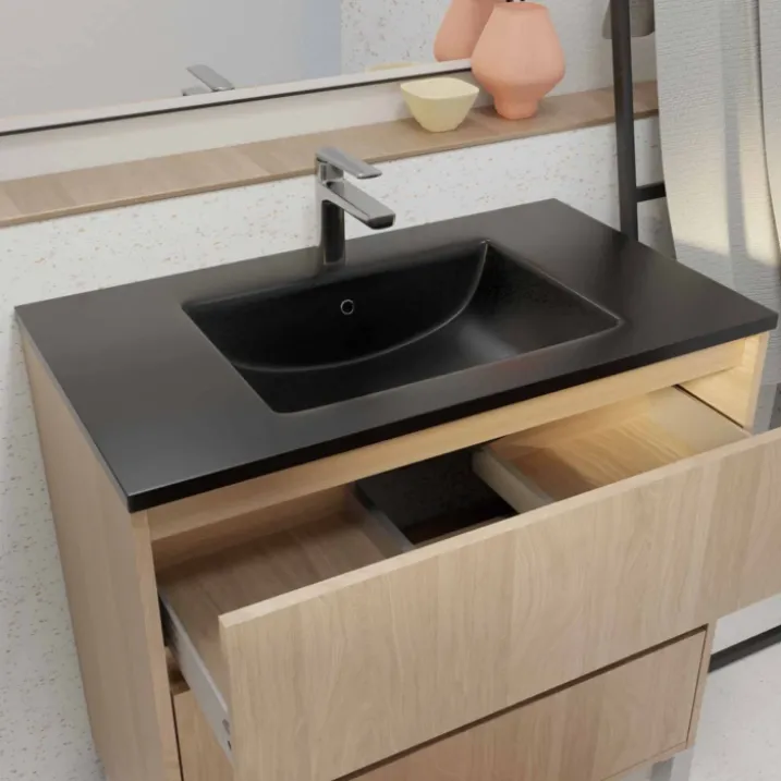 Meuble de salle de bains sur pieds avec 3 tiroirs et vasque en céramique
