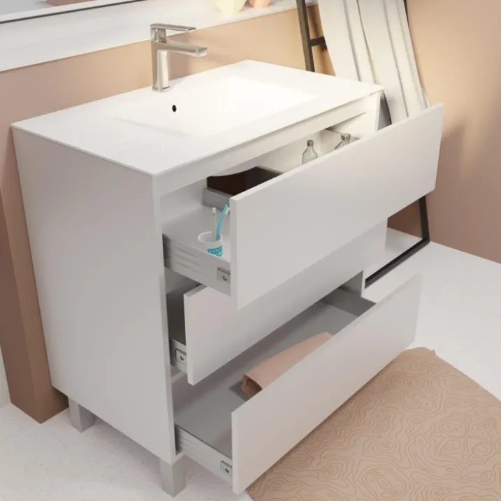 Meuble de salle de bains sur pieds avec 3 tiroirs et vasque en céramique