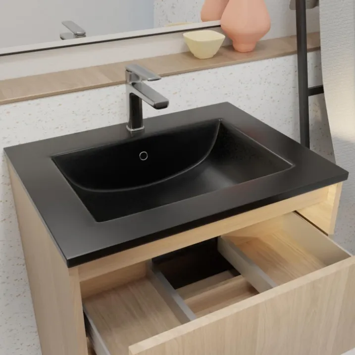Meuble de salle de bains sur pieds avec 3 tiroirs et vasque en céramique