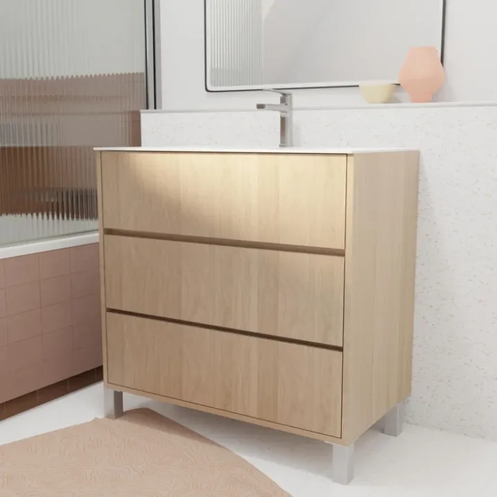 Meuble de salle de bains sur pieds avec 3 tiroirs et vasque en céramique