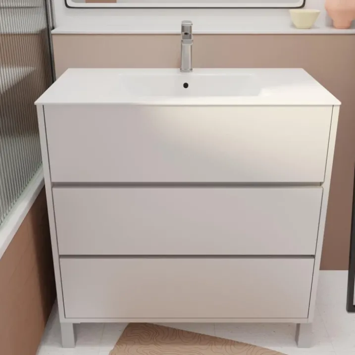 Meuble de salle de bains sur pieds avec 3 tiroirs et vasque en céramique