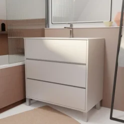Meuble de salle de bains sur pieds avec 3 tiroirs et vasque en céramique