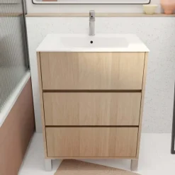 Meuble de salle de bains sur pieds avec 3 tiroirs et vasque en céramique