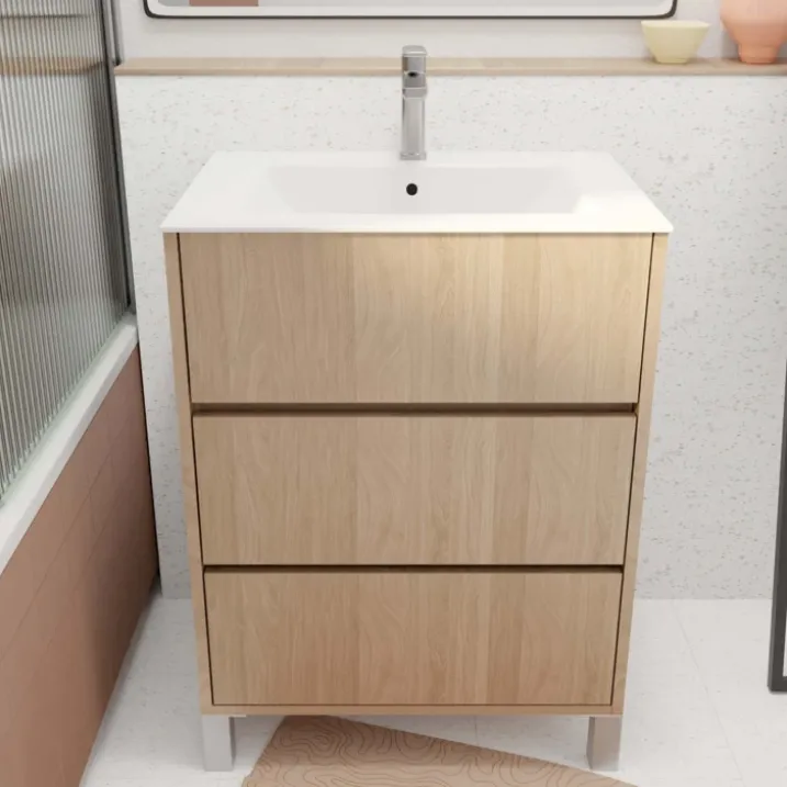 Meuble de salle de bains sur pieds avec 3 tiroirs et vasque en céramique