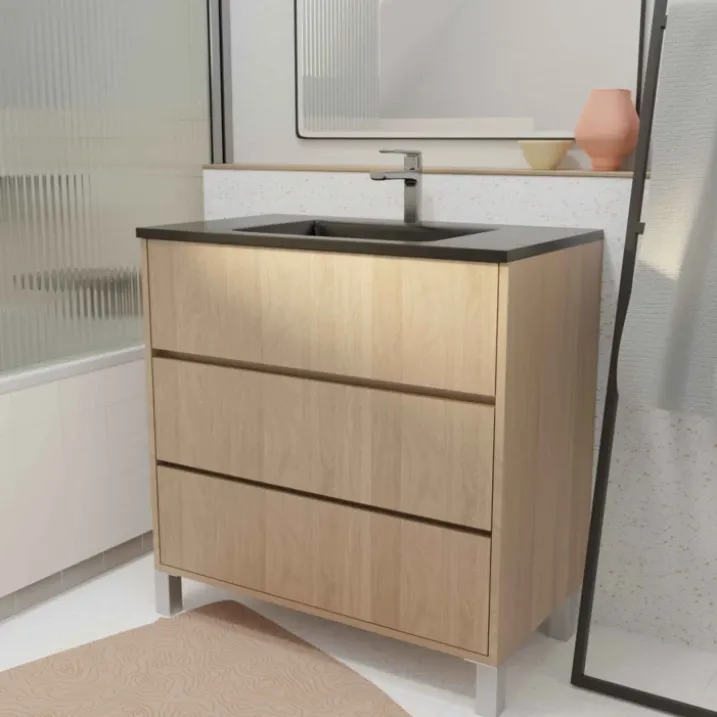 Meuble de salle de bains sur pieds avec 3 tiroirs et vasque en céramique