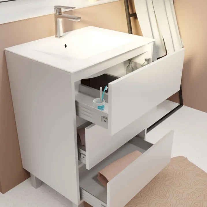 Meuble de salle de bains sur pieds avec 3 tiroirs et vasque en céramique