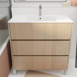 Meuble de salle de bains sur pieds avec 3 tiroirs et vasque en céramique