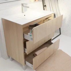 Meuble de salle de bains sur pieds avec 3 tiroirs et vasque en céramique