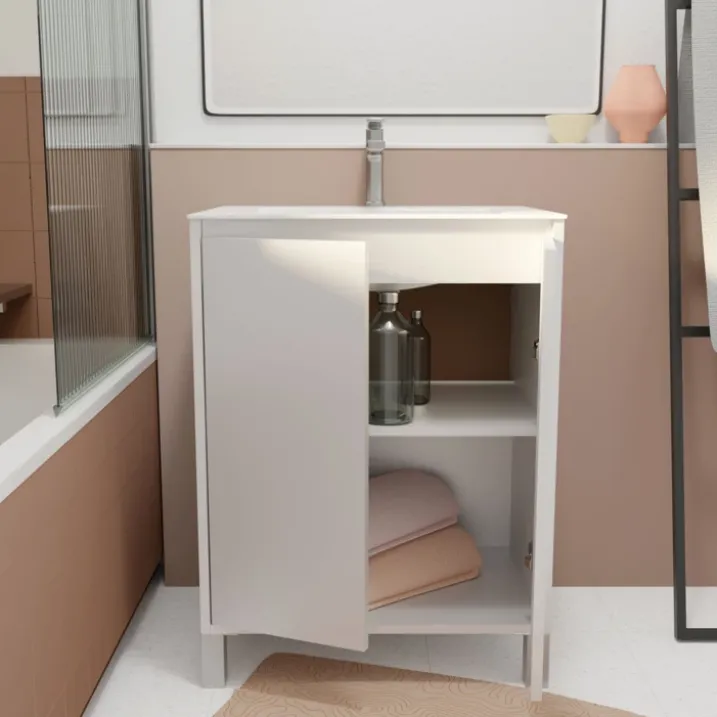 Meuble de salle de bains sur pieds avec 2 portes et vasque