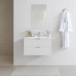Meuble de salle de bains suspendu texturé 2 tiroirs avec vasque