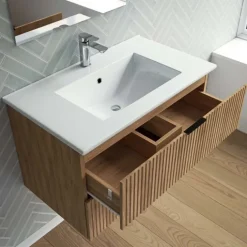 Meuble de salle de bains suspendu texturé 2 tiroirs avec vasque