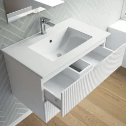 Meuble de salle de bains suspendu texturé 2 tiroirs avec vasque