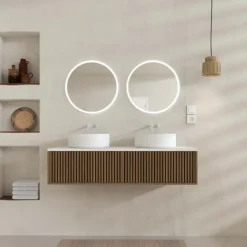 Meuble de salle de bain suspendu avec façade crantée, vasque(s) ronde(s) et miroir(s) LED