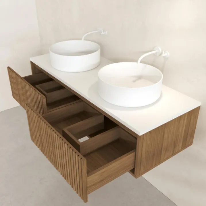 Meuble de salle de bain suspendu avec façade crantée, vasque(s) ronde(s) et miroir(s) LED