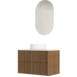 Meuble de salle de bain suspendu avec façade crantée, vasque(s) ronde(s) et miroir(s) ovales