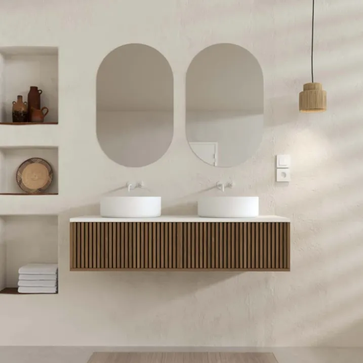 Meuble de salle de bain suspendu avec façade crantée, vasque(s) ronde(s) et miroir(s) ovales