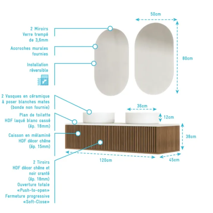 Meuble de salle de bain suspendu avec façade crantée, vasque(s) ronde(s) et miroir(s) ovales
